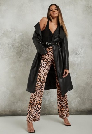 Missguided tan leopard print satin straight leg trousers | 70s style evening glamour