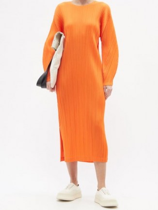 PLEATS PLEASE ISSEY MIYAKE Technical-pleated longline dress / orange dresses / effortless style clothing - flipped