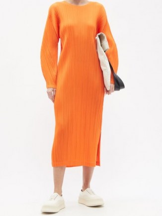 PLEATS PLEASE ISSEY MIYAKE Technical-pleated longline dress / orange dresses / effortless style clothing
