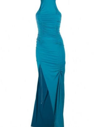 The Attico draped-detailing side-slit evening dress | blue thigh high slit evening dresses - flipped