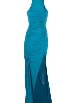 The Attico draped-detailing side-slit evening dress | blue thigh high slit evening dresses