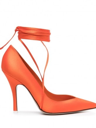 The Attico Ruby satin pumps / bright orange ankle tie court shoes / vibrant high heel courts - flipped