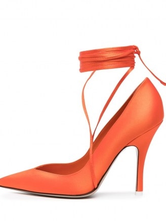 The Attico Ruby satin pumps / bright orange ankle tie court shoes / vibrant high heel courts