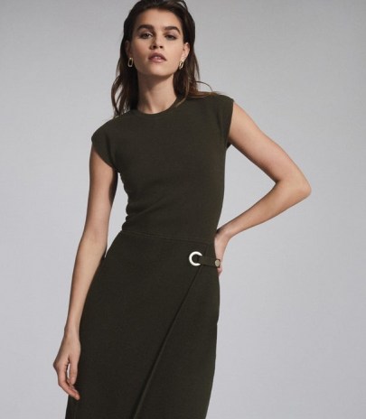 REISS THEA KNITTED BODYCON DRESS GREEN ~ fitted asymmetric front dresses ~ contemporary clothing
