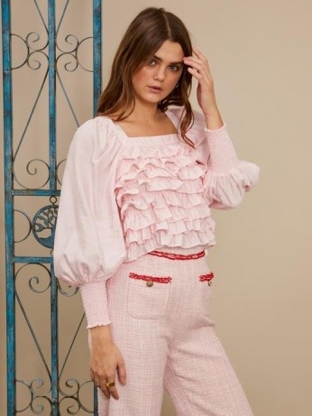 sister jane Skate Ruffle Blouse ~ pink ruffled blouses ~ romantic look tops