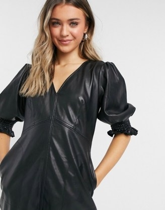 Topshop faux leather v-neck mini dress in black | LBD | puff sleeve dresses - flipped