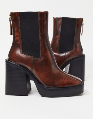 Chunky heeled platform boots | tan brown leather - flipped