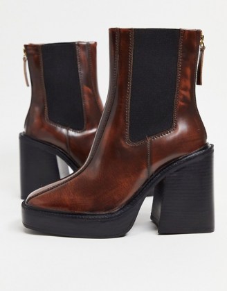 Chunky heeled platform boots | tan brown leather