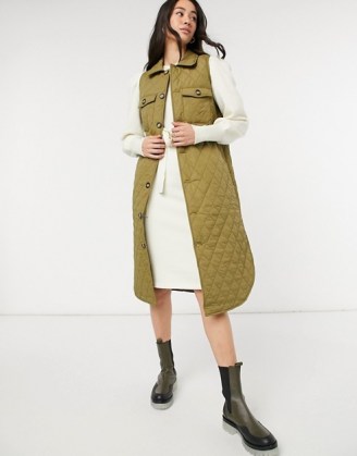 Vero Moda padded longline gilet in khaki ~ green quilted gilets - flipped