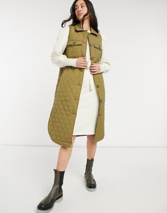 Vero Moda padded longline gilet in khaki ~ green quilted gilets
