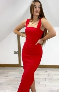 Vesper Molly Red Square Neck Midaxi Pencil Dress ~ evening fashion ~ LRD