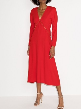 Victoria Beckham chain-detail V-neck midi dress ~ bright red dresses