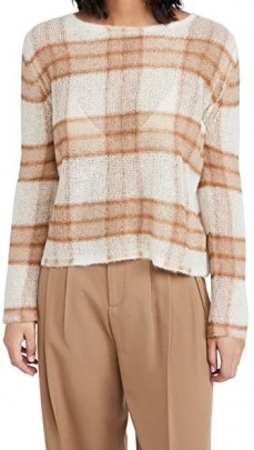 Vince Brushed Plaid Pullover Cream / Chestnut ~ checked semi sheer knits - flipped