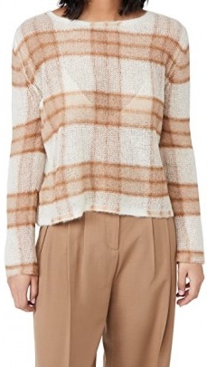 Vince Brushed Plaid Pullover Cream / Chestnut ~ checked semi sheer knits