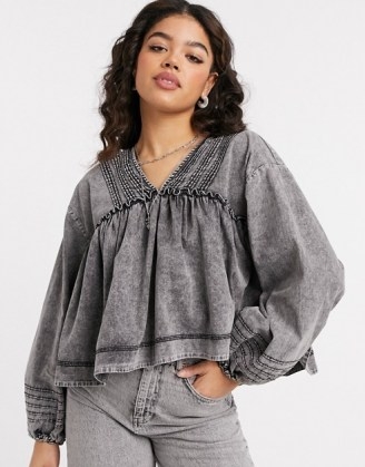 We The Free by Free People charlotte smock top in black washed denim - flipped