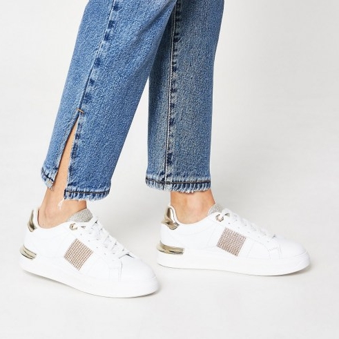 RIVER ISLAND White diamante lace up trainers ~ sports luxe sneakers