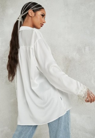 MISSGUIDED white extreme oversized diamante trim shirt ~ trimmed cuffs