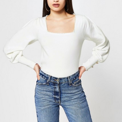 River Island White pearl detail square neck jumper | embellished jumpers - flipped