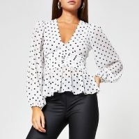 River Island White spot print long sleeve blouse top | deep V-neck fitted waist tops | polka dot plunge neckline blouses