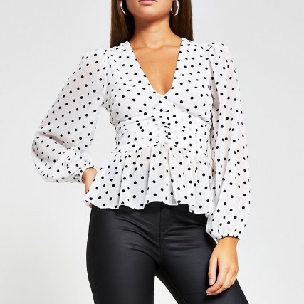 River Island White spot print long sleeve blouse top | deep V-neck fitted waist tops | polka dot plunge neckline blouses - flipped