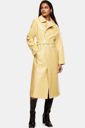 TOPSHOP Yellow Snake Print PU Vinyl Belted Coat ~ faux leather reptile embossed coats ~ animal effect outerwear - flipped