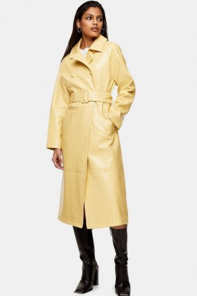 TOPSHOP Yellow Snake Print PU Vinyl Belted Coat ~ faux leather reptile embossed coats ~ animal effect outerwear