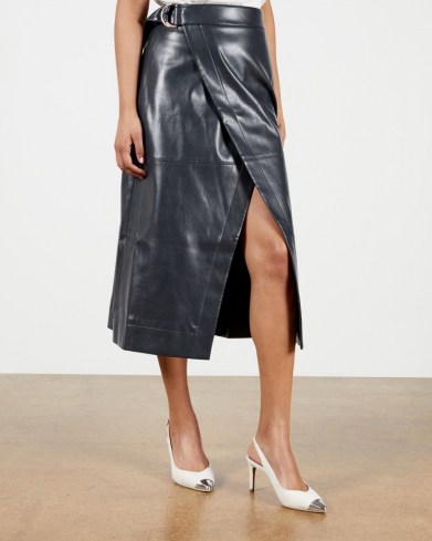 TED BAKER ELII A Line Wrap Skirt – navy blue faux leather skirts - flipped