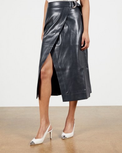 TED BAKER ELII A Line Wrap Skirt – navy blue faux leather skirts