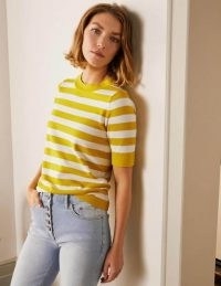 BODEN Abingdon Cotton Knitted Tee – Chartreuse/Ivory / striped knits