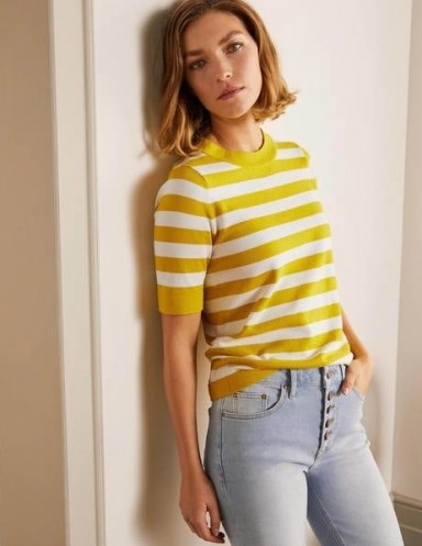 BODEN Abingdon Cotton Knitted Tee – Chartreuse/Ivory / striped knits - flipped