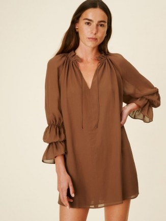 REFORMATION Adrienne Dress ~ brown relaxed fit ruffle trim mini dresses - flipped