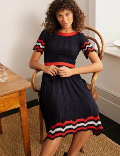 BODEN Agnes Pointelle Dress Navy / blue knit zig zag trim dresses