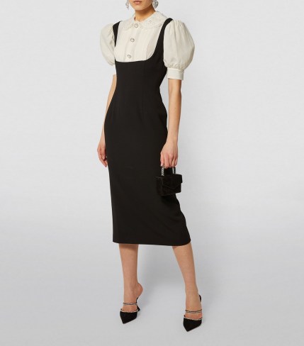 ALESSANDRA RICH Blouse-Detail Midi Dress 900 Black ~ vintage style dresses with puff sleeves - flipped