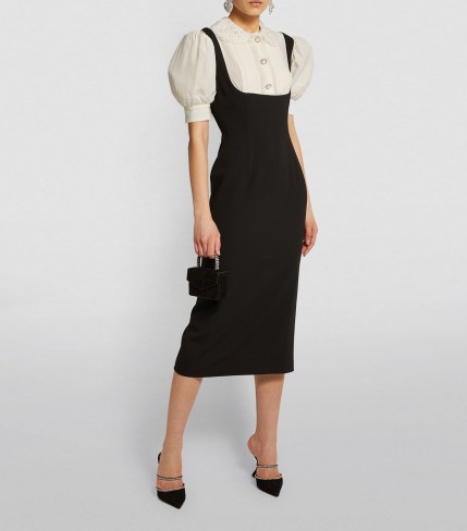 ALESSANDRA RICH Blouse-Detail Midi Dress 900 Black ~ vintage style dresses with puff sleeves