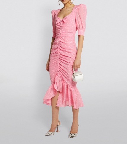ALESSANDRA RICH Silk Polka-Dot Dress ~ pink front ruched frill hem dresses - flipped