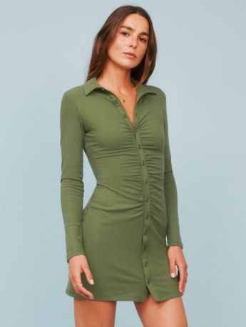 REFORMATION Amy Dress ~ green ruched mini dresses - flipped