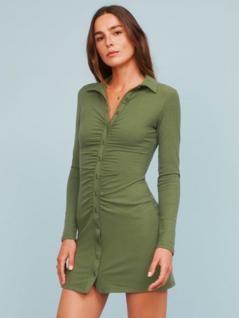 REFORMATION Amy Dress ~ green ruched mini dresses