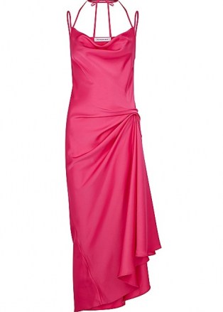 16 ARLINGTON Medina fuchsia satin midi dress ~ bright pink side ruched starppy dresses ~ asymmetric hemline - flipped