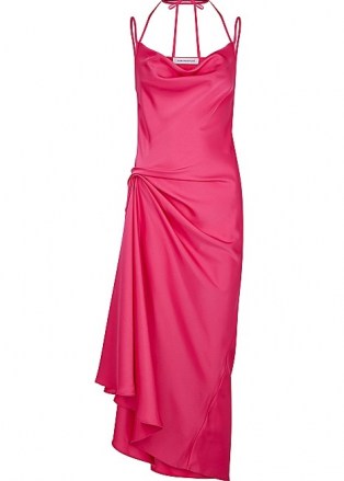 16 ARLINGTON Medina fuchsia satin midi dress ~ bright pink side ruched starppy dresses ~ asymmetric hemline