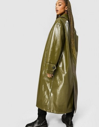 ASOS DESIGN button through vinyl trench coat in olive ~ green longline high-shine coats - flipped