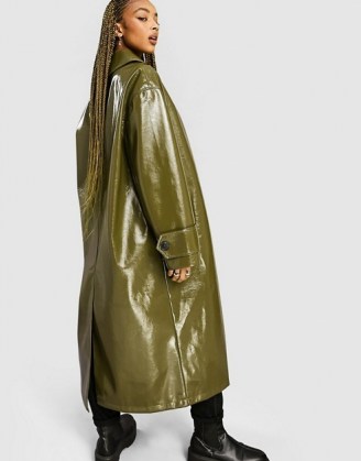 ASOS DESIGN button through vinyl trench coat in olive ~ green longline high-shine coats
