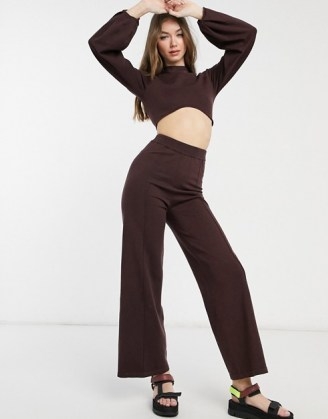 ASOS DESIGN knitted top and wide leg trouser co-ord in brown ~ casual co-ords - flipped