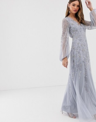 ASOS DESIGN maxi dress with blouson sleeve and delicate floral embellishment in lilac