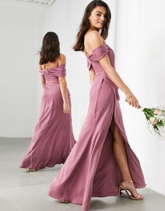 ASOS EDITION satin bardot drape wrap maxi dress in orchid ~ pink off the shoulder bridesmaid dresses - flipped