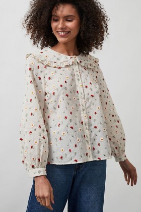 ANTHROPOLOGIE Andrea Ruffled Collar Blouse / floral embroidered blouses / oversized collars