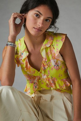 Maeve Ashlee Ruffled Blouse ~ yellow sleeveless blouses ~ feminine ruffles ~ floral tops - flipped