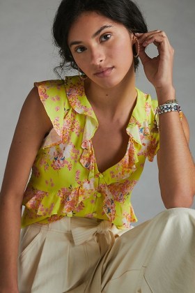 Maeve Ashlee Ruffled Blouse ~ yellow sleeveless blouses ~ feminine ruffles ~ floral tops