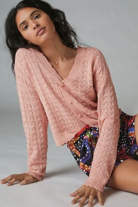 ANTHROPOLOGIE Scallop-Trimmed Textured Cardigan ~ pink scalloped edge cardigans ~ feminine knitwear - flipped