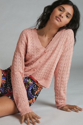 ANTHROPOLOGIE Scallop-Trimmed Textured Cardigan ~ pink scalloped edge cardigans ~ feminine knitwear