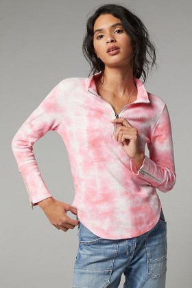 ANTHROPOLOGIE Charley Quarter-Zip Pullover ~ pink tie dye top ~ curved hem tops - flipped